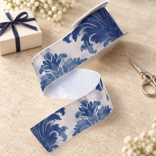Elegant damask Blue toile de jouy monogram Satin Ribbon