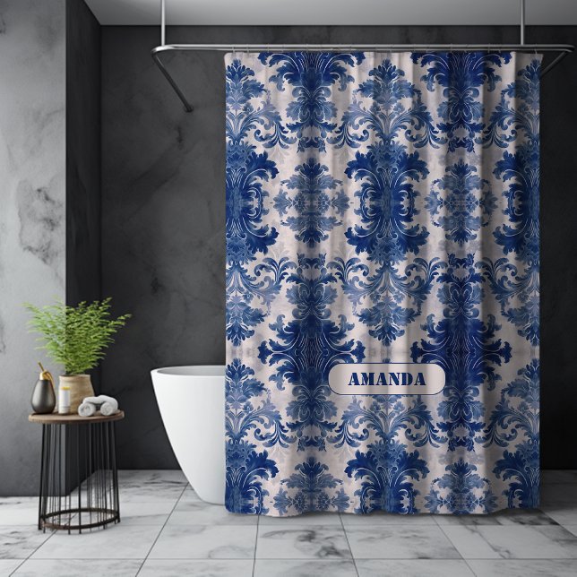 Elegant damask Blue toile de jouy monogram Shower Curtain (Creator Uploaded)