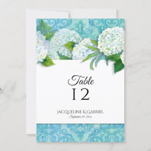 Elegant Damask Blue White Hydrangea Table Number