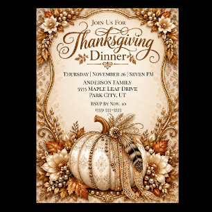 Elegant Damask Boho Pumpkin Thanksgiving Dinner Invitation