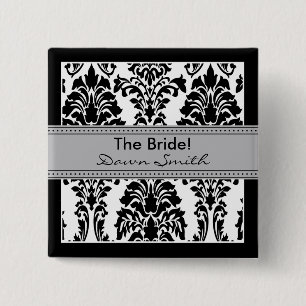 Elegant Damask Bridal Party Button (grey)