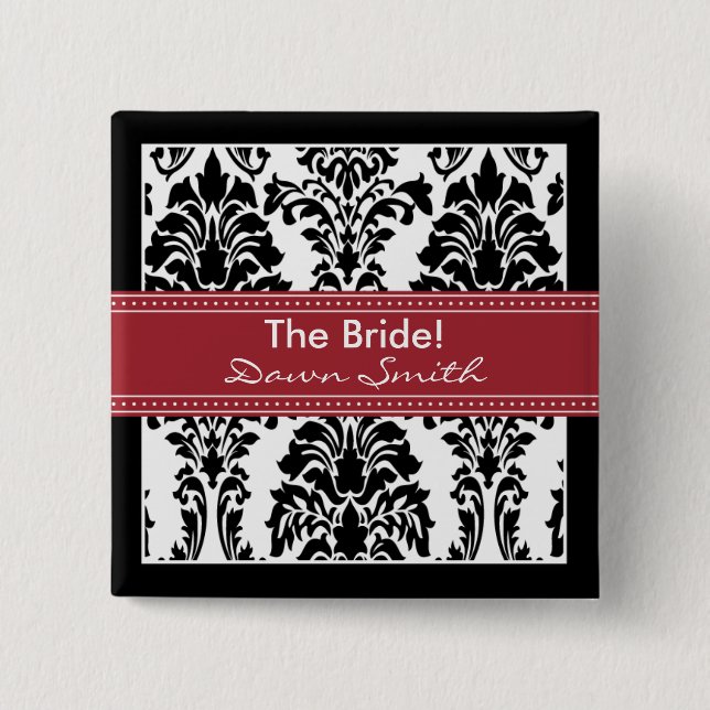 Elegant Damask Bridal Party Button (red) (Front)