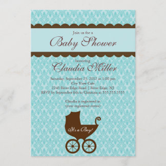 Elegant Damask Carriage Boy Baby Shower Invitation