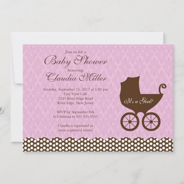 Elegant Damask Carriage Girl Baby Shower Invitation (Front)