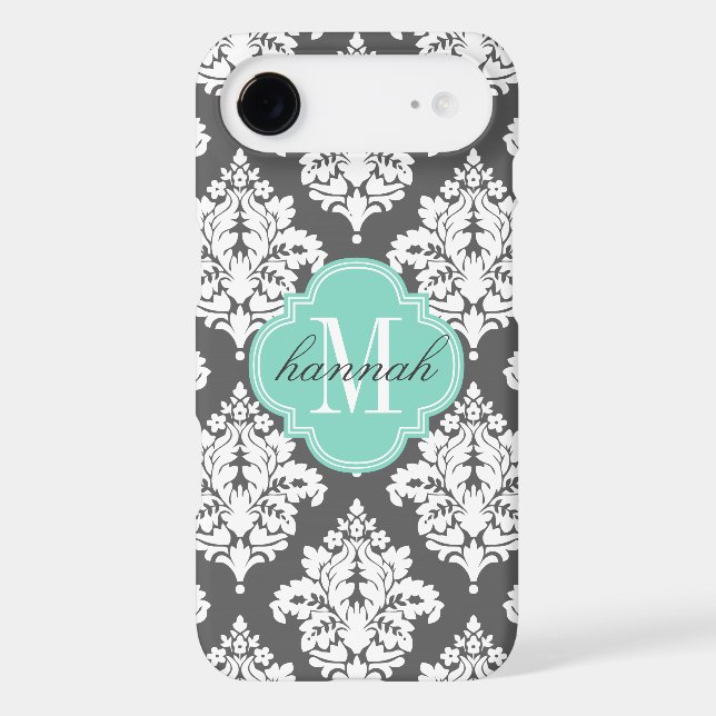 Elegant Damask Charcoal & Aqua Custom Monogrammed Case-Mate Samsung Galaxy Case (Back)