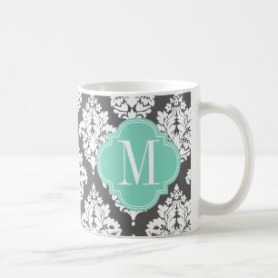 Elegant Damask Charcoal & Aqua Custom Monogrammed Coffee Mug