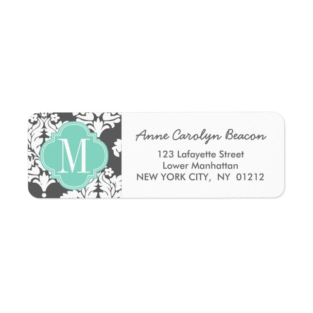 Elegant Damask Charcoal & Aqua Custom Monogrammed Return Address Label (Front)