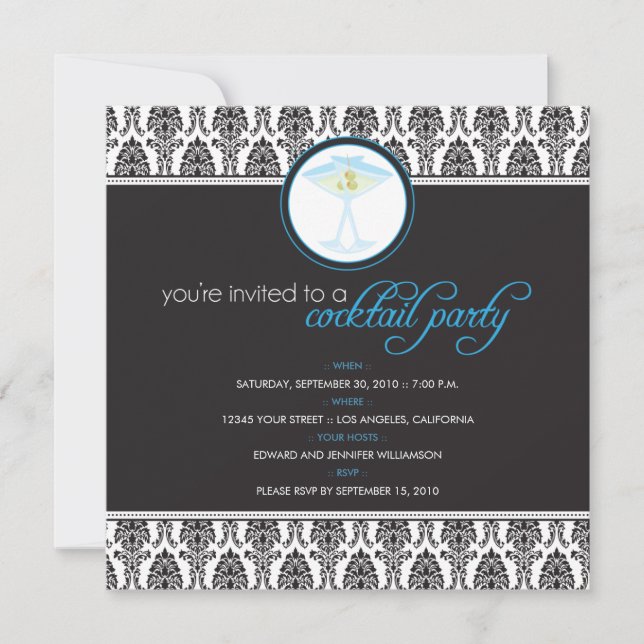 Elegant Damask Cocktail Party Invitation (blue) (Front)