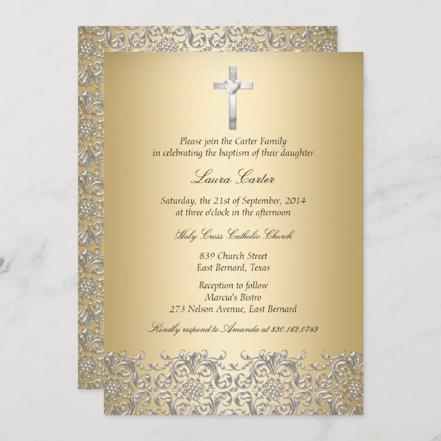 Elegant Damask Cross Gold Baptism/Christening Invitation (Front/Back)