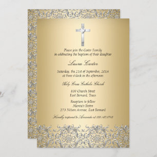 Elegant Damask Cross Gold Baptism/Christening Invitation