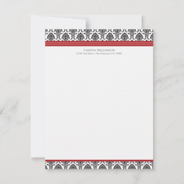 Elegant Damask Custom Flat Note Cards (red) (Front)