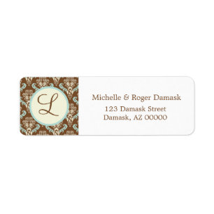 Elegant Damask Custom Monogram Brown White Blue Return Address Label