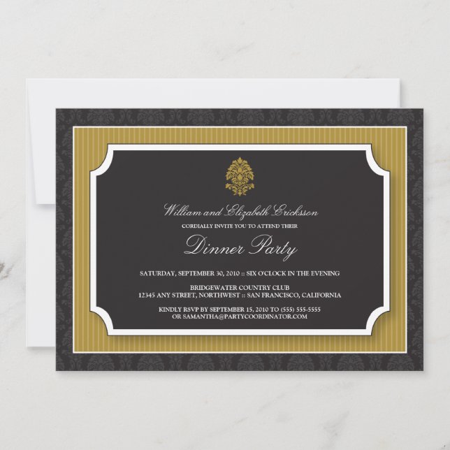 Elegant Damask Dinner Party Invitation (gold) (Front)