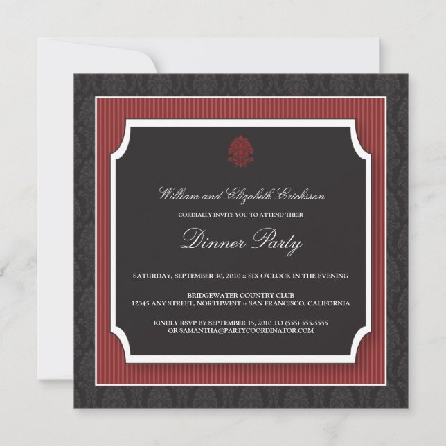 Elegant Damask Dinner Party Invitation (maroon) (Front)