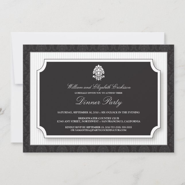 Elegant Damask Dinner Party Invitation (white) (Front)