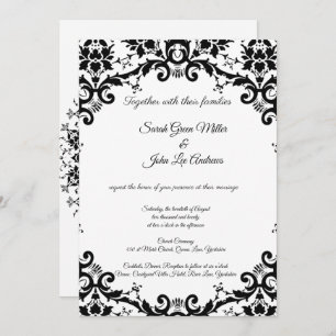 Elegant Damask Floral Black & White Wedding Invitation