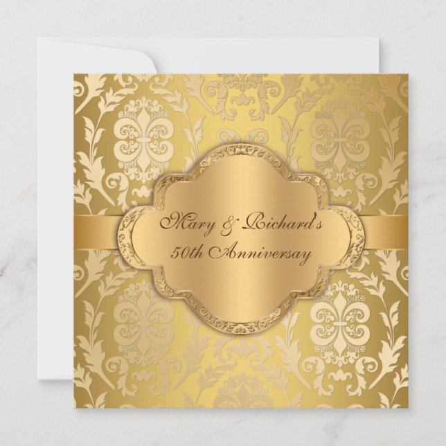 Elegant Damask Floral Swirl Gold 50th Anniversary Invitation (Front)