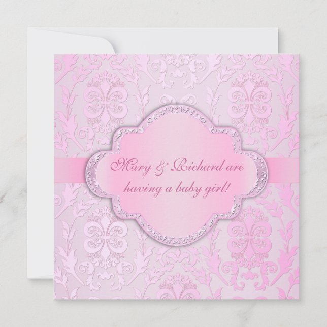 Elegant Damask Floral Swirl Pink Baby Shower Invitation (Front)
