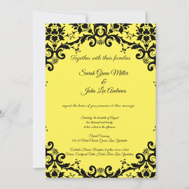 Elegant Damask Floral Yellow Wedding Invitation (Front)