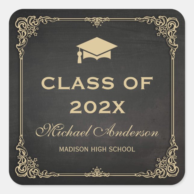Elegant Damask Frame Graduation Favour Square Sticker (Front)
