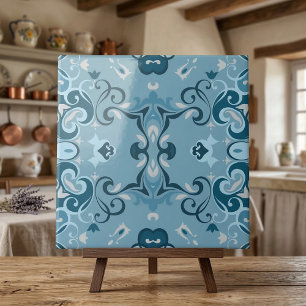 Elegant Damask Frosty Blue Winter Mosaic Pattern Ceramic Tile