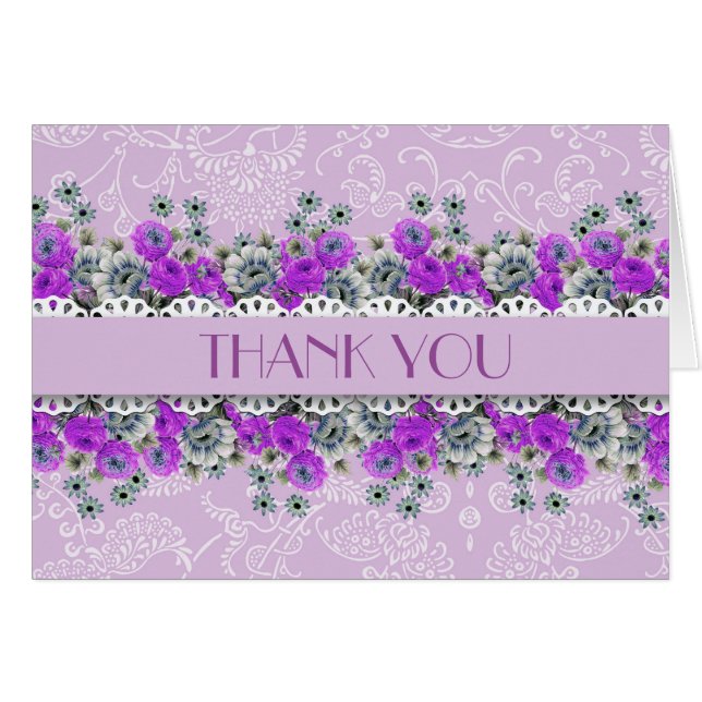 Elegant Damask Garden Lavender Thank you card (Front Horizontal)