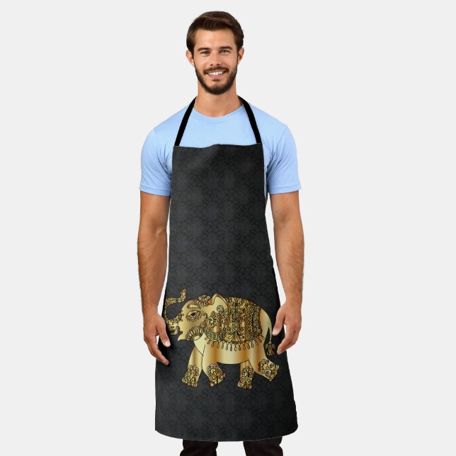 Elegant  Damask Gold Paisley Elephant   Apron (Worn)