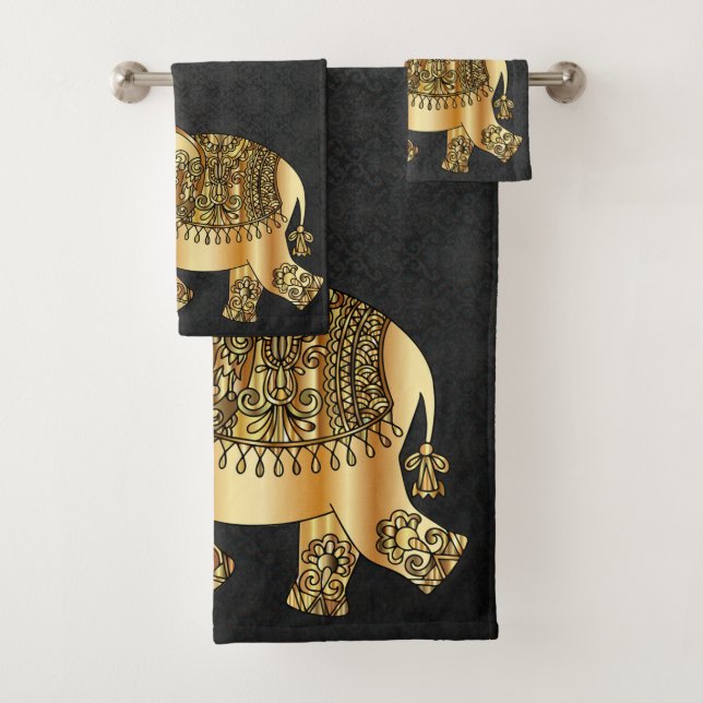Elegant  Damask Gold Paisley Elephant Bath Towel Set (Insitu)