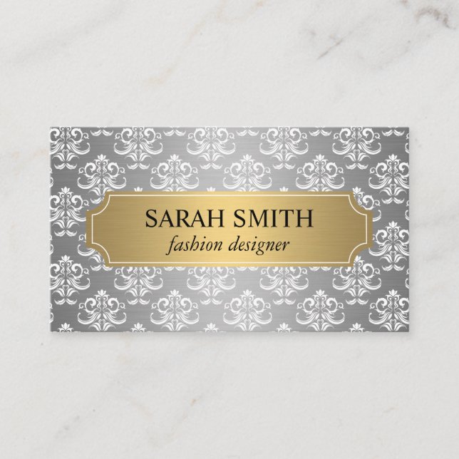Elegant Damask / Gold Silver Metallic Business Card (Front)