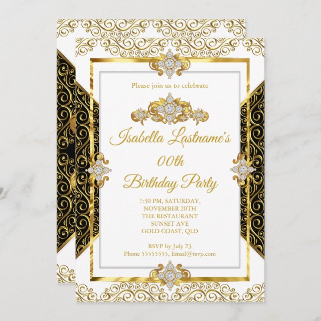 Elegant Damask Gold White Diamond Birthday Party Invitation (Front/Back)