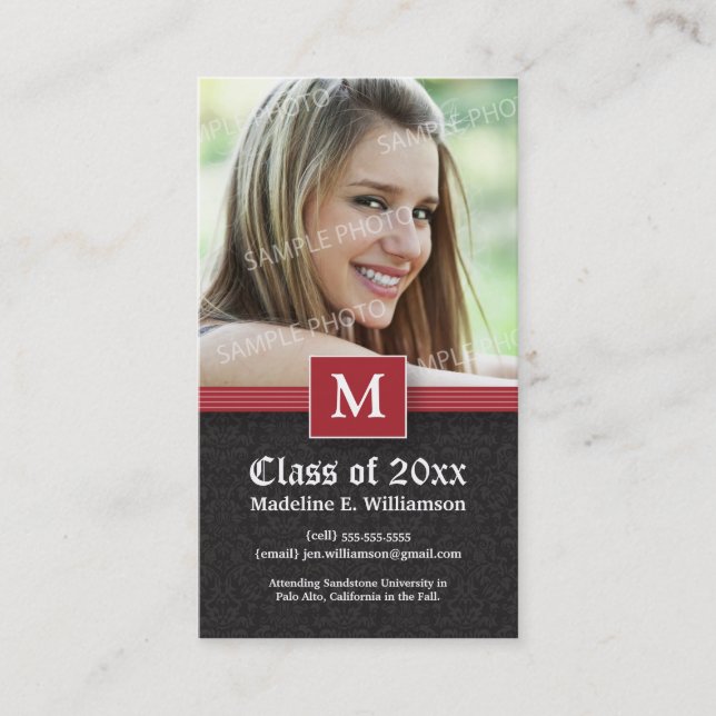 Elegant Damask Graduation Status Card (red) (Front)