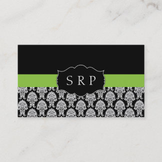 Elegant Damask Green Monogram Business Card
