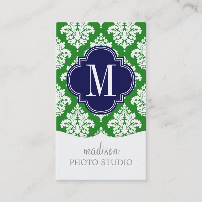 Elegant Damask Green & Navy Custom Monogrammed Business Card (Front)