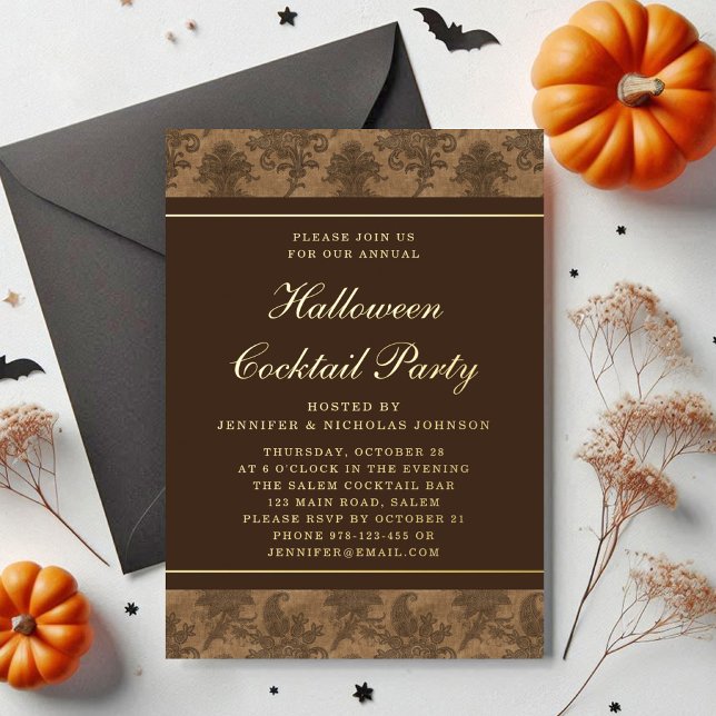 Elegant Damask Halloween Cocktail Party Gold (Elegant Damask Halloween Cocktail Party Gold Foil Invitation)