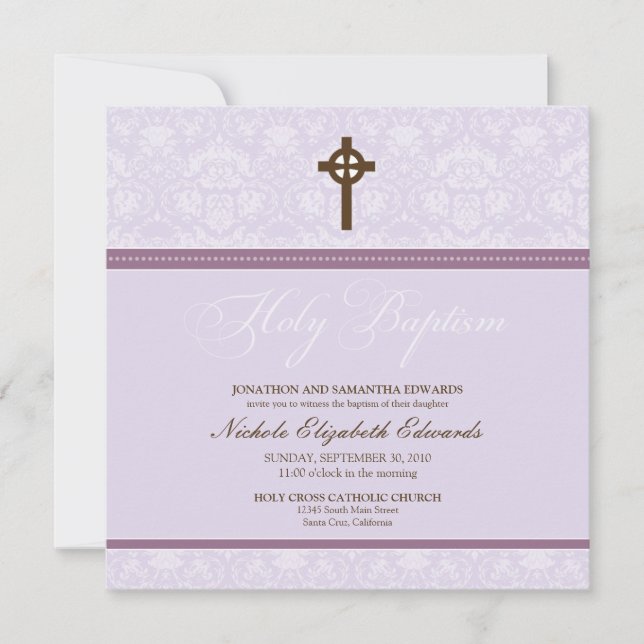 Elegant Damask Holy Baptism Invitation (lavender) (Front)