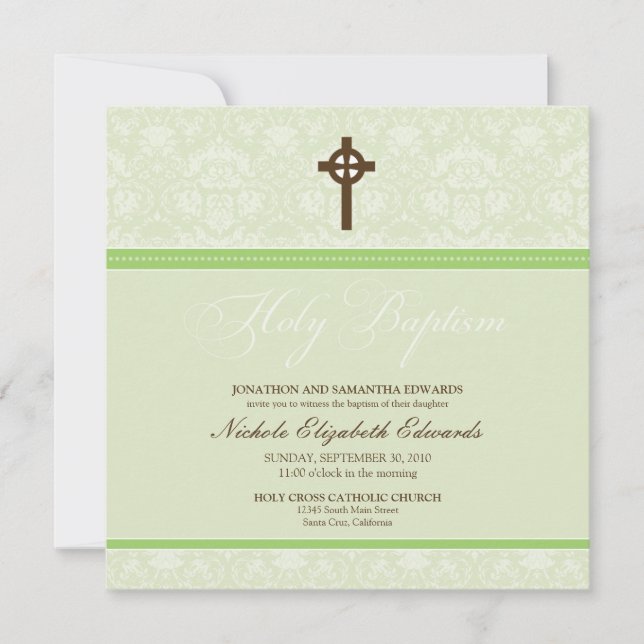 Elegant Damask Holy Baptism Invitation (lime) (Front)