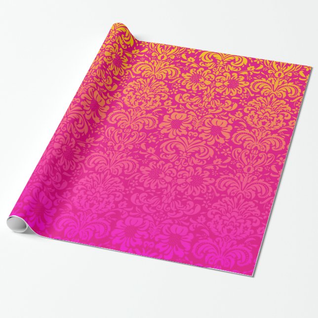 Elegant Damask (Hot Pink and Orange) Wrapping Paper (Unrolled)