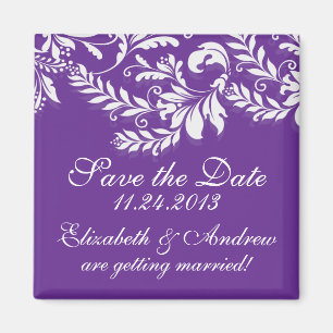 Elegant Damask Leaf Swirl Save The Date Magnet