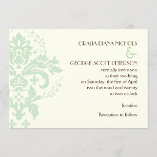 Elegant damask mint green, ivory wedding invitation