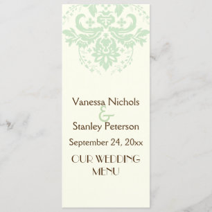 Elegant damask mint green, ivory wedding menu card