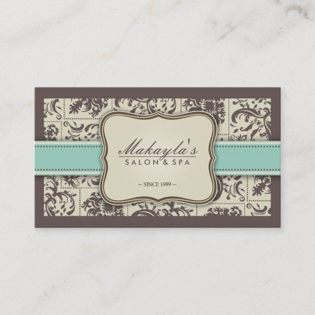 Elegant Damask Modern Brown, Green and Beige Business Card (Front)