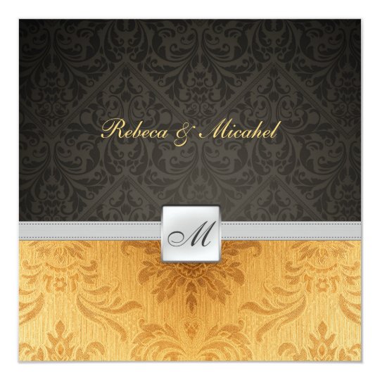 Elegant Damask Monogram black and gold Wedding Card