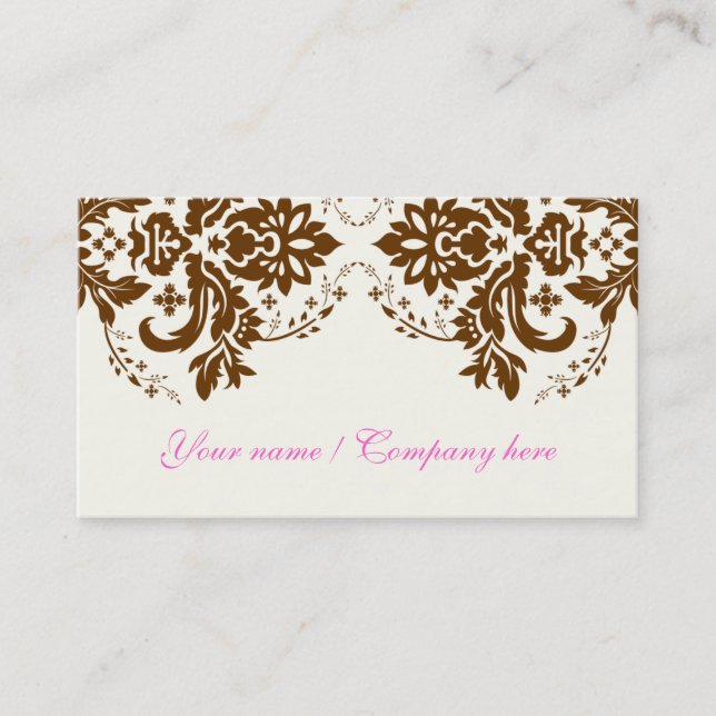 Elegant damask motif brown ivory business car card (Front)