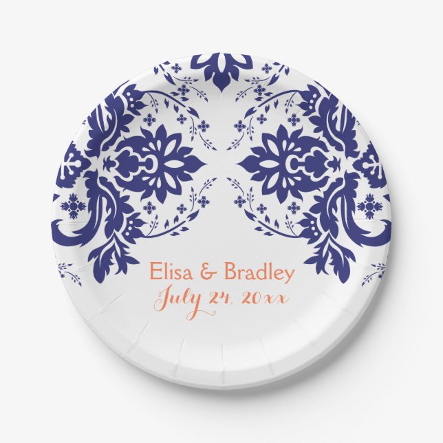 Elegant damask motif navy blue, coral wedding paper plate (Front)