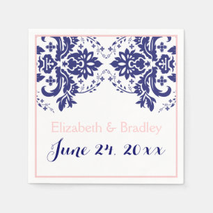 Elegant damask motif navy blue, pink wedding napkin