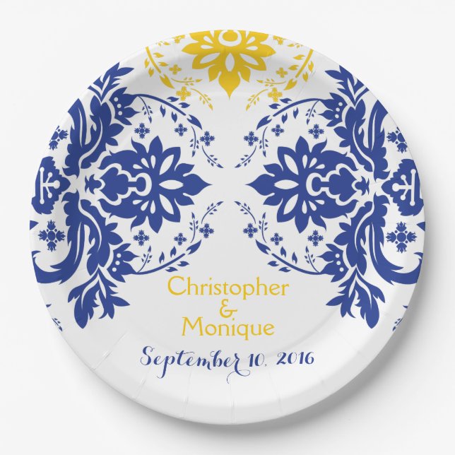 Elegant damask motif royal blue, yellow wedding paper plate (Front)