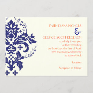 Elegant damask navy blue, coral, ivory wedding invitation