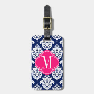 Elegant Damask Navy & Pink Custom Monogrammed Luggage Tag