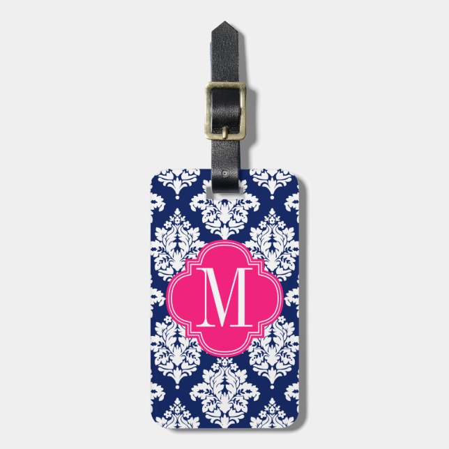 Elegant Damask Navy & Pink Custom Monogrammed Luggage Tag (Front Vertical)