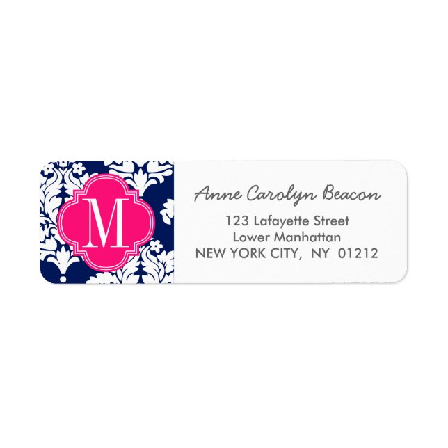 Elegant Damask Navy & Pink Custom Monogrammed Return Address Label (Front)